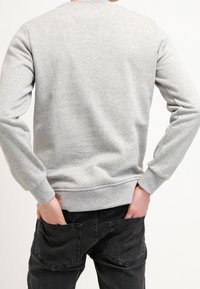 Sudadera gris con escote redondeado, mangas largas y puños de canalé. Vista desde la parte de atrás, combinada con pantalones negros. Textura suave.
