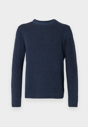 Marineblauer gerippter Strickpullover mit langen Ärmeln und einem runden Ausschnitt. Besitzt ein strukturiertes, vertikales Muster und ein kleines Logo am Saum.