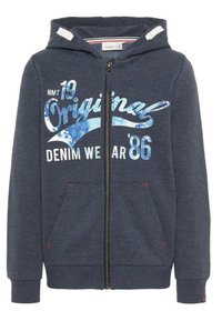 Marinblå zippered hoodie i mjukt tyg med en frontdesign som har blåa och vita grafiska element. Inkluderar två framfickor och huva.
