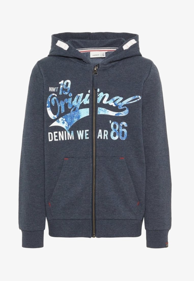 Navy zip-up hoodie made of soft fabric featuring a front design with blue and white graphics. Includes two front pockets and hood.