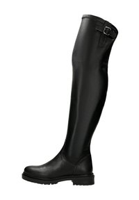 Czarne kozaki za kolano wykonane z gładkiej skóry, z zaokr�ąglonym czubkiem, grubą podeszwą, boczną klamrą i dopasowanym fasonem.