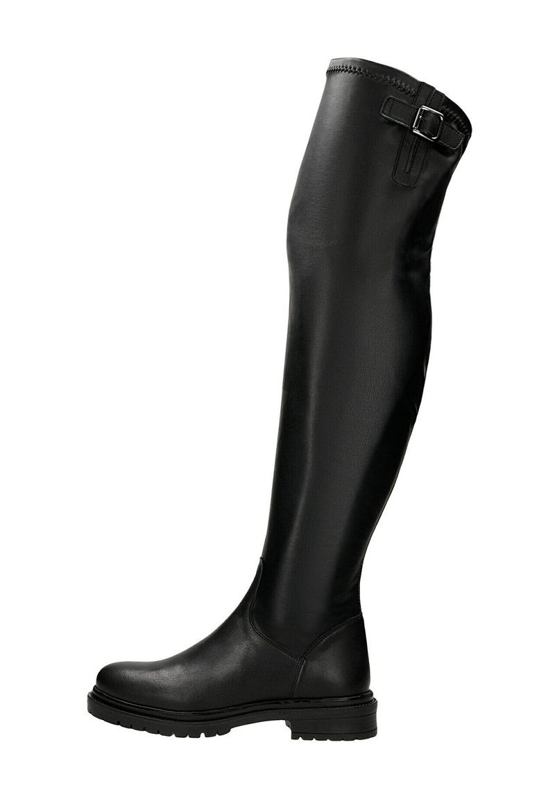 Czarne kozaki za kolano wykonane z gładkiej skóry, z zaokrąglonym czubkiem, grubą podeszwą, boczną klamrą i dopasowanym fasonem.