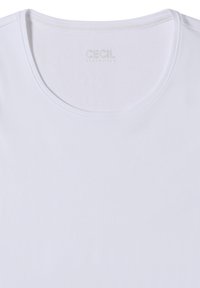 T-shirt blanc uni à col rond avec un texte de marque "CECIL ESSENTIAL" discret à l'intérieur du col.