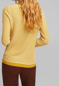 Gelber gestrickter Pullover mit einem strukturierten Rautenmuster und weißen Akzenten am Ausschnitt und Saum, kombiniert mit braunen Hosen.
