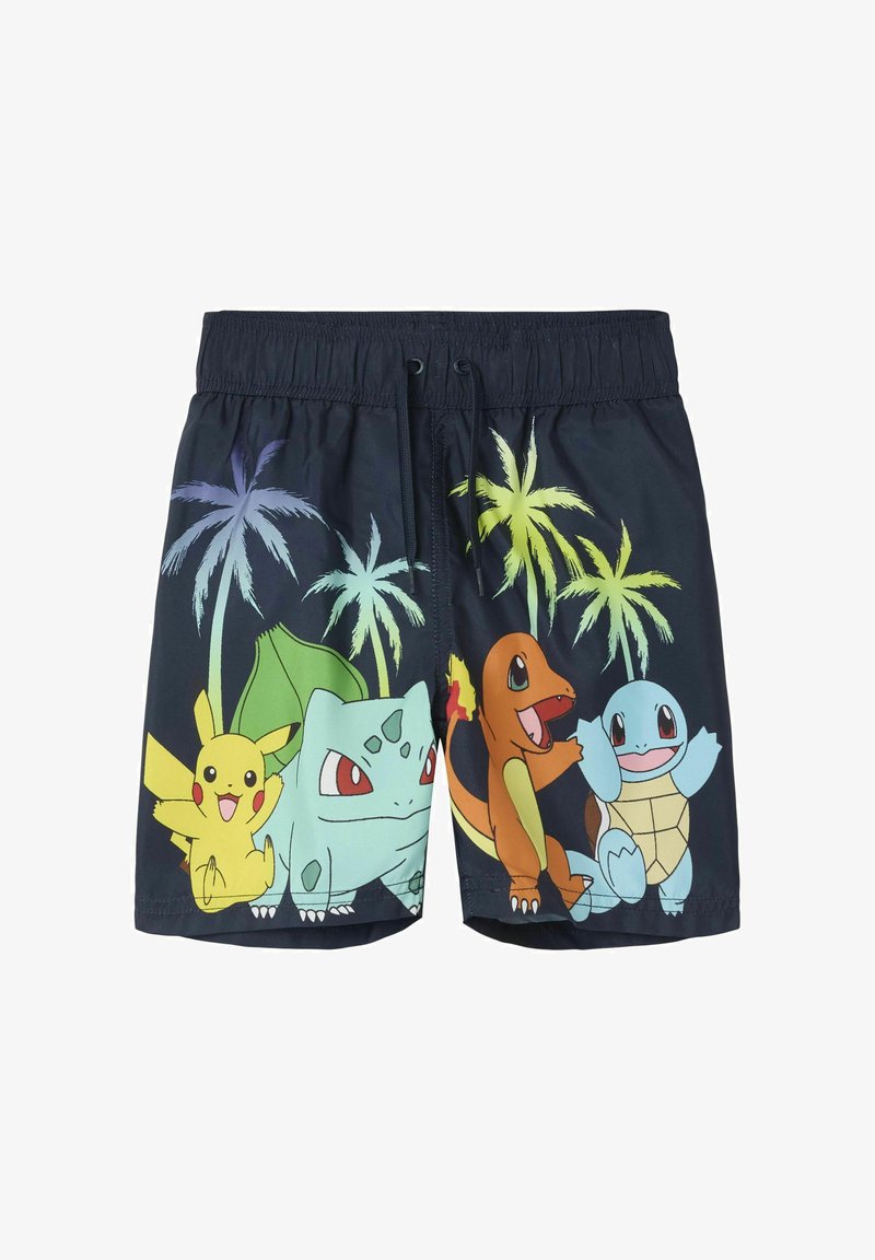Badehose aus dunkelblauem Stoff mit bunten Druckmotiven von Cartoonfiguren, darunter Pikachu, Bisasam, Glumanda und Schiggy.