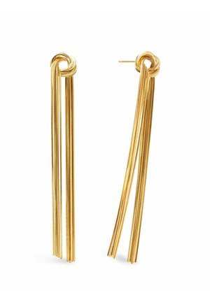 Boucles d'oreilles ton or avec plusieurs fines chaînes suspendues d'une boucle torsadée, conçues comme des clous d'oreilles avec tige à l'arrière.