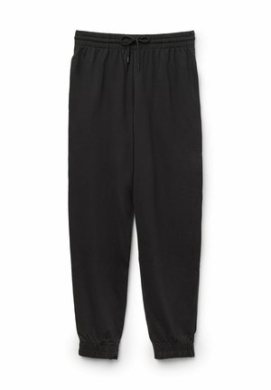 Pantalons de survêtement noirs en tissu doux, dotés d'une taille élastique avec cordon de serrage ajustable et de côtes aux poignets.