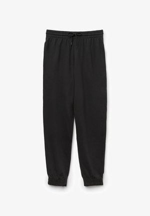 Zwarte sweatpants van zachte stof, met een elastische tailleband met verstelbaar trekkoord en geribde boorden bij de enkels.