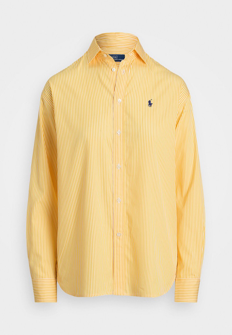 Yellow striped long-sleeve shirt with a button-down collar, featuring contrasting blue polo logo, made of lightweight fabric.