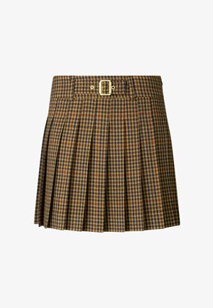 Karo krojena krila z pasom in kovinsko sponko, izdelana iz tkanine v rjavo-modri barvni shemi ter z teksturirano površino.