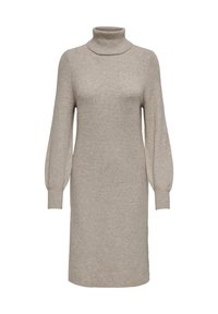 Abito in maglia a coste beige con colletto alto, maniche a sbuffo lunghe e vestibilità comoda, caratterizzato da una texture liscia e da elementi di design minimal.