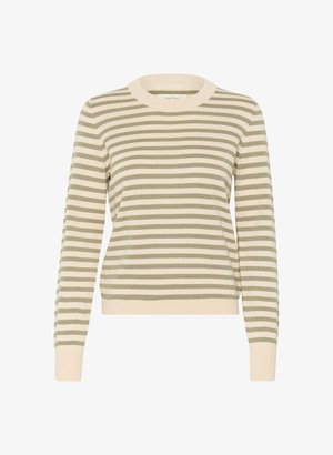 Gestreifter Pullover in Creme und Olivgrün, mit einem gerippten Rundhalsausschnitt, langen Ärmeln und einem figurbetonten Saum. Weiche Strickstruktur.