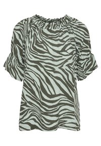Blusa a righe zebra verde e azzurro chiaro con scollatura arricciata, maniche corte volanti e vestibilità ampia realizzata in tessuto leggero.