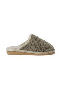 Pantofole grigie, in tessuto morbido e peloso, con una soffice fodera color crema, suola piatta e punta arrotondata. Design casual, calzature da interno, con accenti minimali.