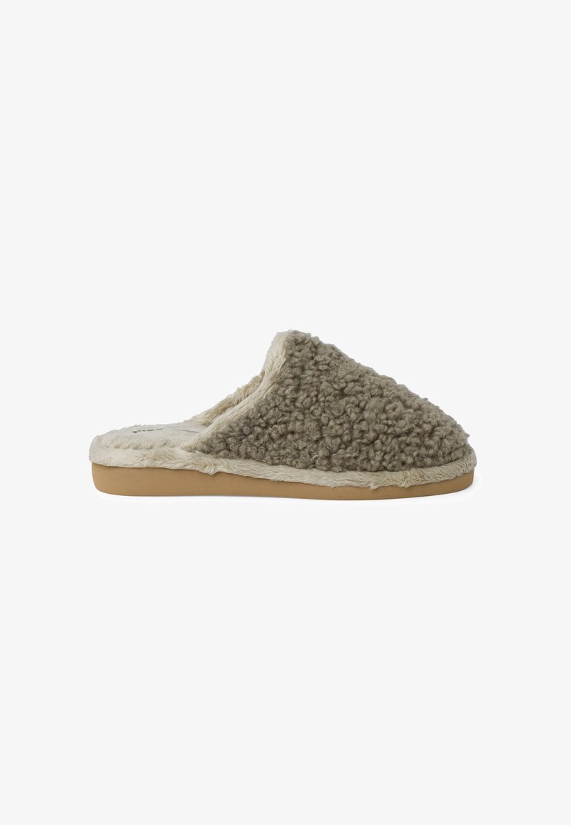 Gray, textured fuzzy slipper with a soft cream lining, flat sole, and rounded toe. Casual design, indoor footwear, minimal accents.