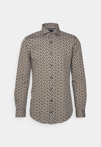 Lange mouw shirt met een donkere achtergrond en een herhalend swirl-patroon in goud, oranje en blauw. Ontwerp met kraag en knoopsluitingen.