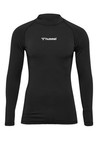 Czarna, długosleeve'owa koszulka sportowa z elastycznego materiału, z wysokim kołnierzem i subtelnym logo na klatce piersiowej. Gładka tekstura, dopasowany krój.