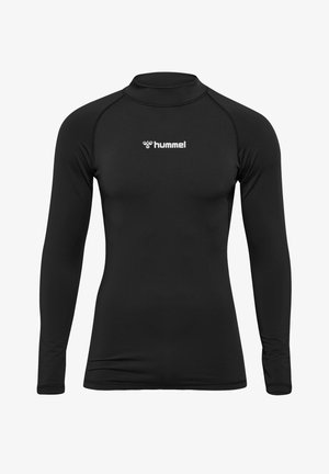 Svart långärmad träningsskjorta i stretchigt material, med hög krage och diskret logotyp på bröstet. Slät textur, figursydd design.