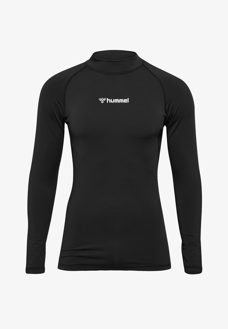 Schwarzes, langärmliges Sportshirt aus dehnbarem Material, mit hohem Kragen und dezentem Logo auf der Brust. Glatte Textur, figurbetonter Schnitt.