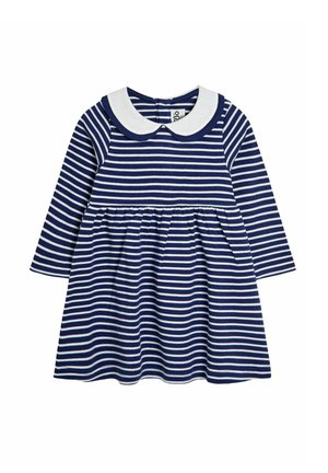 Streifenkleid in Marineblau und Weiß mit langen Ärmeln, rundem Kragen, gerafftem Bund und weichem Baumwollmaterial. Verfügt über einen Rückenreißverschluss.