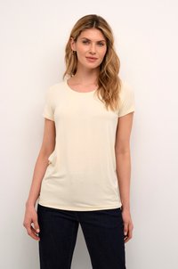 Cream short-sleeve t-shirt with a round neckline, made from soft, smooth fabric, featuring a relaxed fit and subtle drape.