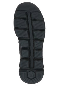 Black rubber shoe sole with patterned treads, featuring hexagonal and rectangular grips, designed for traction and stability.