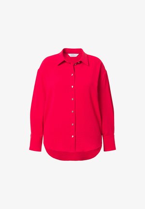 Gestreifte rote Langarmbluse mit Kragen und silbernen Knöpfen, mit einem lässigen Schnitt und leicht geschwungenem Saum.