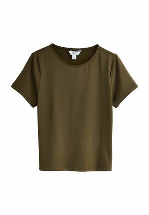 Alyvos žalios spalvos trumpomis rankovėmis marškinėliai, pagaminti iš lygaus audinio, su apvalia iškirpte ir paprastu, bepuošniu dizainu.