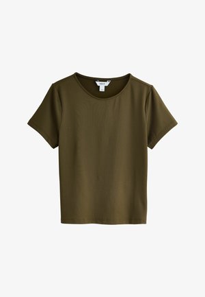 T-shirt vert olive à manches courtes en tissu lisse, avec un col rond et un design simple, sans embellissements.
