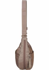 Borsa a tracolla in tessuto marrone, texture, con scomparto principale con zip, tasca laterale e tracolla regolabile. Presenta un'etichetta con il marchio.