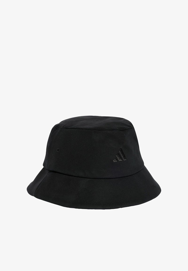 Black bucket hat made of fabric, featuring a wide, floppy brim and an embossed logo on the side. Simple, seamless design with solid color.