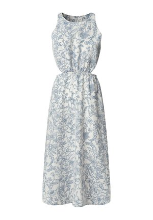 Rochie cu flori dintr-un material ușor, cu un model botanic albastru pe un fundal alb, design fără mâneci și talie elastică.