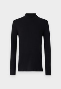Camisa negra de cuello alto de manga larga, hecha de tela suave, con una silueta ajustada y cuello de canalé. Sin patrones o acentos visibles.
