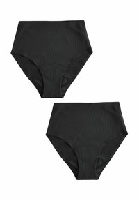 Crne bikini gaćice visokog struka s rebrastom teksturom, s elegantnim dizajnom i punom pokrivnošću. Prikazane su dvije pari.