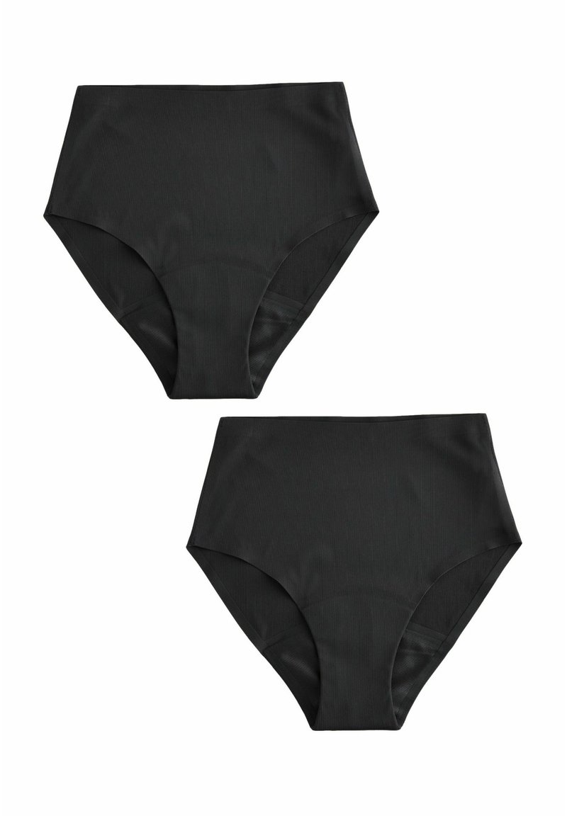 Crne bikini gaćice visokog struka s rebrastom teksturom, s elegantnim dizajnom i punom pokrivnošću. Prikazane su dvije pari.