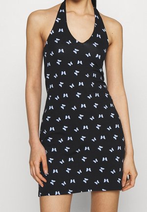 Black halter dress made of soft fabric, featuring a repeated pattern of light blue butterflies. The design is fitted and knee-length.