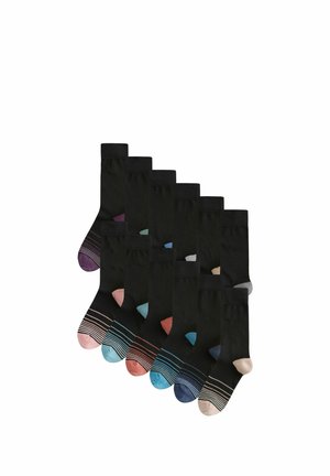 Ten pairs of black ankle socks with multicolored toes and heels arranged in two staggered rows on a white background.
