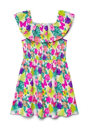 Vestito senza maniche per ragazze con ampio scollo arricciato, caratterizzato da una stampa floreale tropicale colorata e farfalle in rosa, viola, verde e giallo.