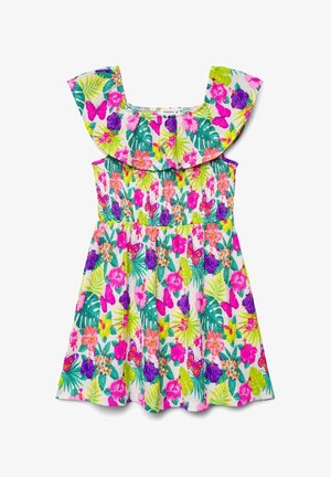 Vestito senza maniche per ragazze con ampio scollo arricciato, caratterizzato da una stampa floreale tropicale colorata e farfalle in rosa, viola, verde e giallo.