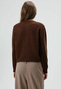 Brauner gestrickter Pullover mit langen Ärmeln und einem gerippten Saum, kombiniert mit beigen, maßgeschneiderten Hosen. Die Textur wirkt weich und warm.