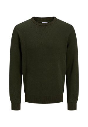 Mörkgrön strukturerad stickad crewneck-tröja med långa ärmar och ribbade muddar och nederkant.