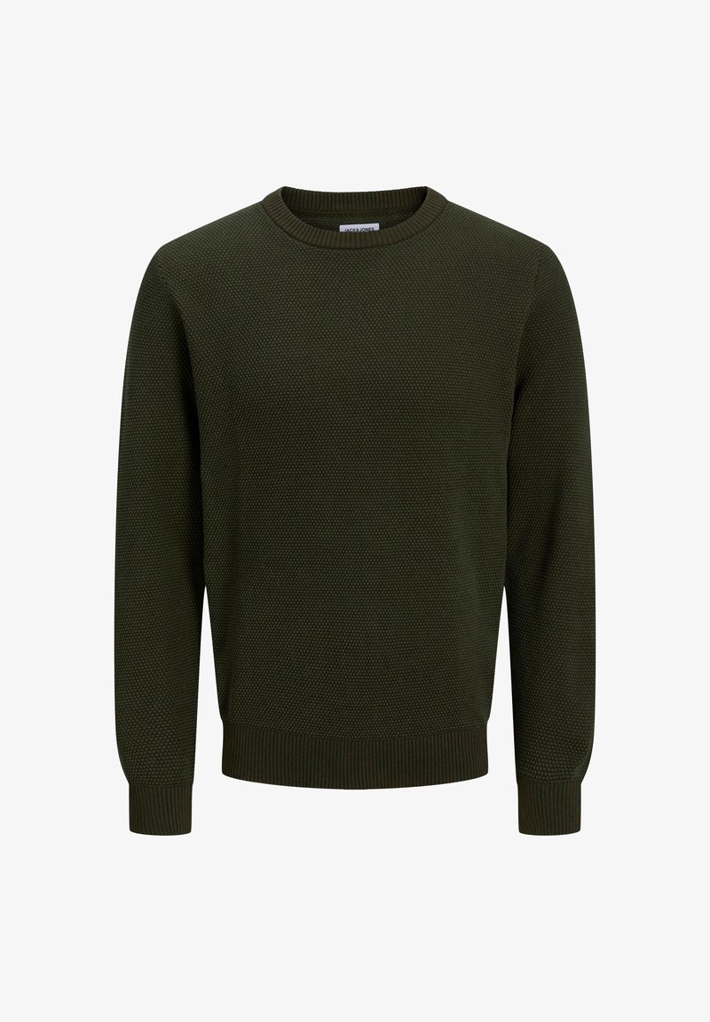 Sötétzöld, textúrált kötött környakú pulóver hosszú ujjal, bordázott mandzsettákkal és szegéllyel.