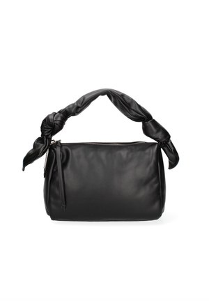 Black leather handbag with a knotted handle, zippered top closure, and a smooth texture. Features a rounded shape and minimal accents.