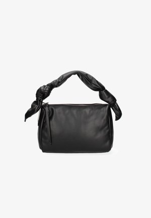 Zwarte leren handtas met een geknoopte hengsel, ritssluiting aan de bovenkant en een gladde textuur. Heeft een ronde vorm en minimale accenten.