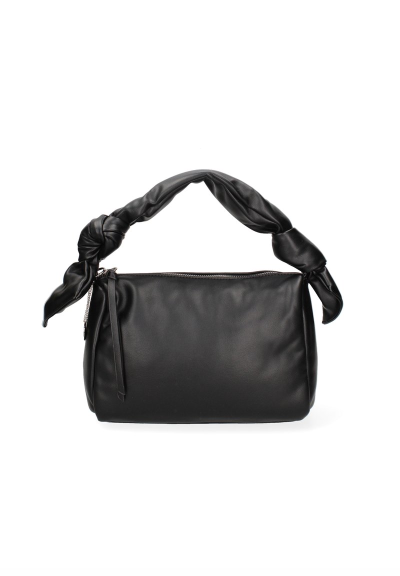 Zwarte leren handtas met een geknoopte hengsel, ritssluiting aan de bovenkant en een gladde textuur. Heeft een ronde vorm en minimale accenten.