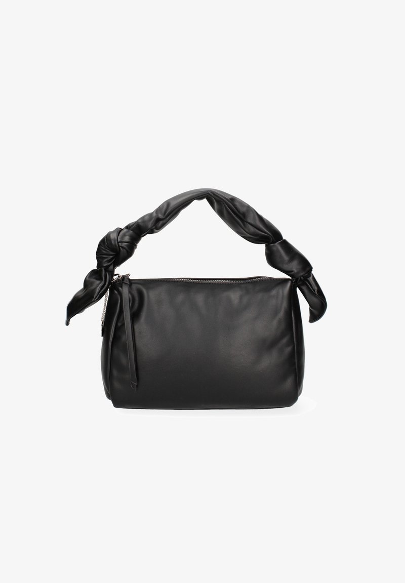 Zwarte leren handtas met een geknoopte hengsel, ritssluiting aan de bovenkant en een gladde textuur. Heeft een ronde vorm en minimale accenten.