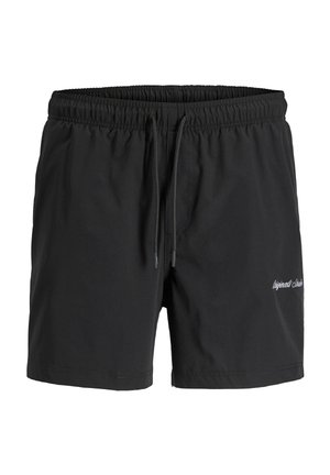 Short de bain noir pour homme avec taille élastique et cordon, avec un petit logo blanc en écriture sur la jambe gauche.