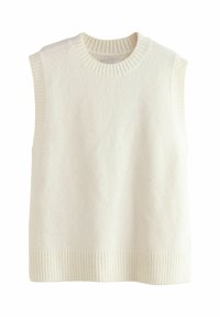 Pull sans manches en tricot crème clair avec col et ourlet côtelés. Texture douce, forme carrée et design minimaliste.