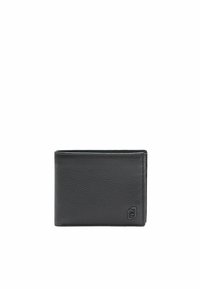 Portafoglio in pelle nera con finitura texturizzata, design a due ante, logo minimale nell'angolo in basso e cuciture a contrasto lungo i bordi.