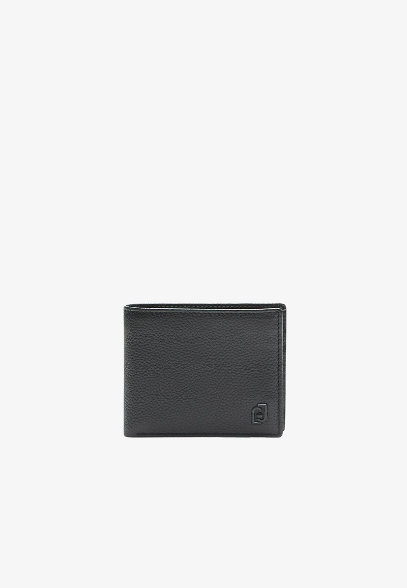 Portefeuille en cuir noir avec une finition texturée, au design pliable en deux volets, minimalisme du logo dans le coin inférieur, et coutures contrastées autour des bords.